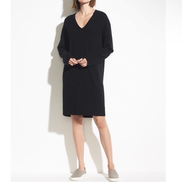 Vince Wool and Cashmere Black Oversized Lightweight V Neck Sweater Dress - Picture 1 of 10
